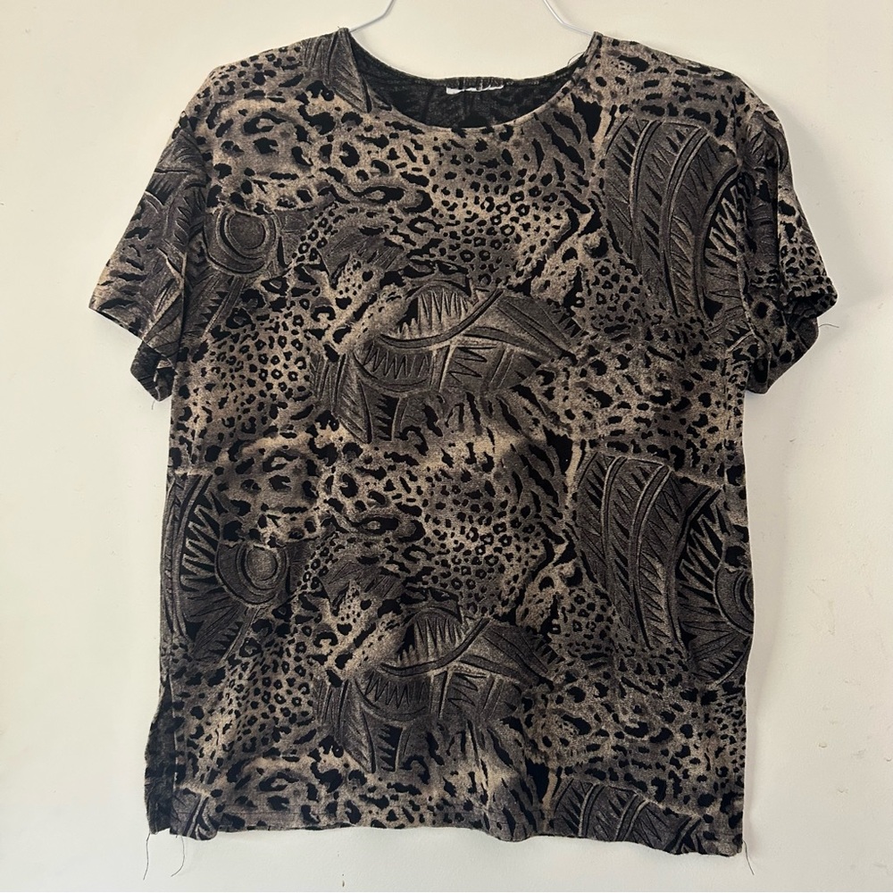 Vintage Animal Print Women's Top T-Shirt with Shoulder Pads Black Beige Leopard
